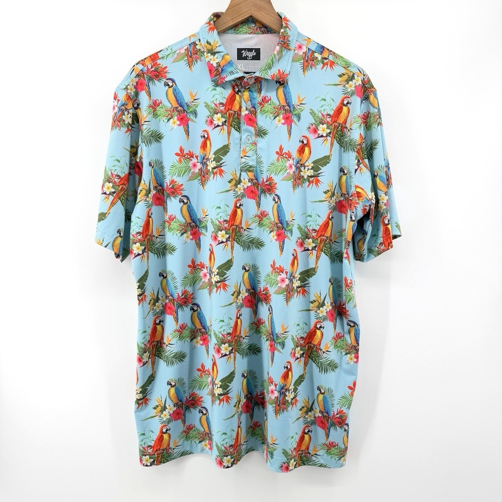 Waggle Polo Shirt Mens XL Blue Parrot Tropical Floral Performance Stretch Golf - Picture 2 of 8